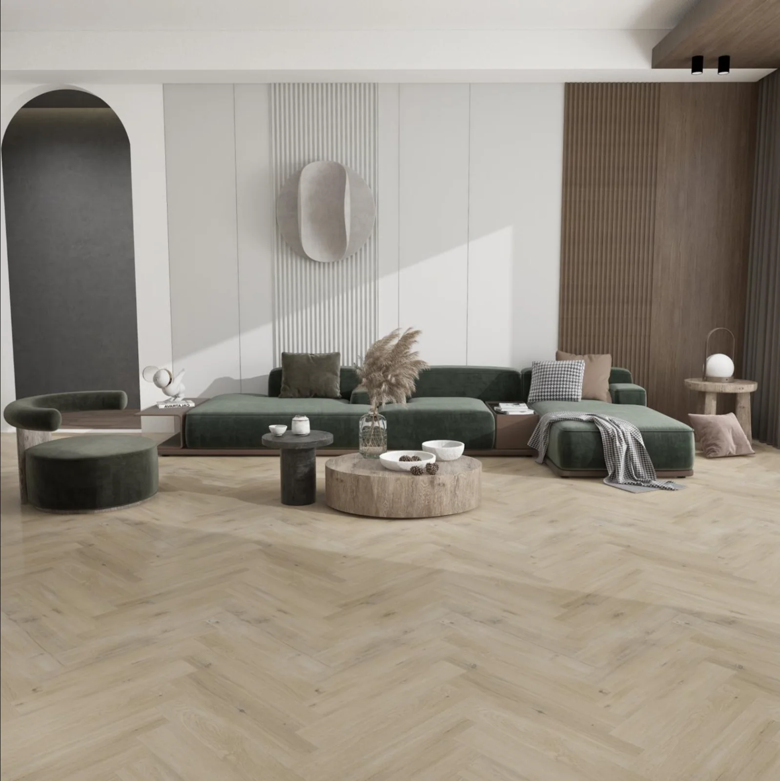 Sand Maple klasyczna jodełka SPC we wnętrzu